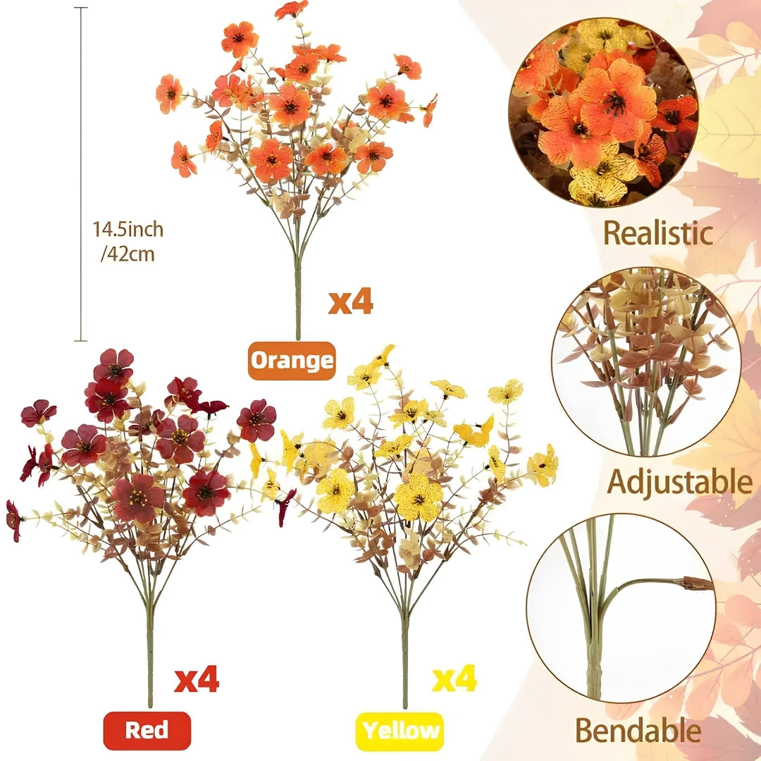 4Pcs Colorful Fall Fake Flowers - UV Resistant Artificial Outdoor Plants for Halloween Porch Decor