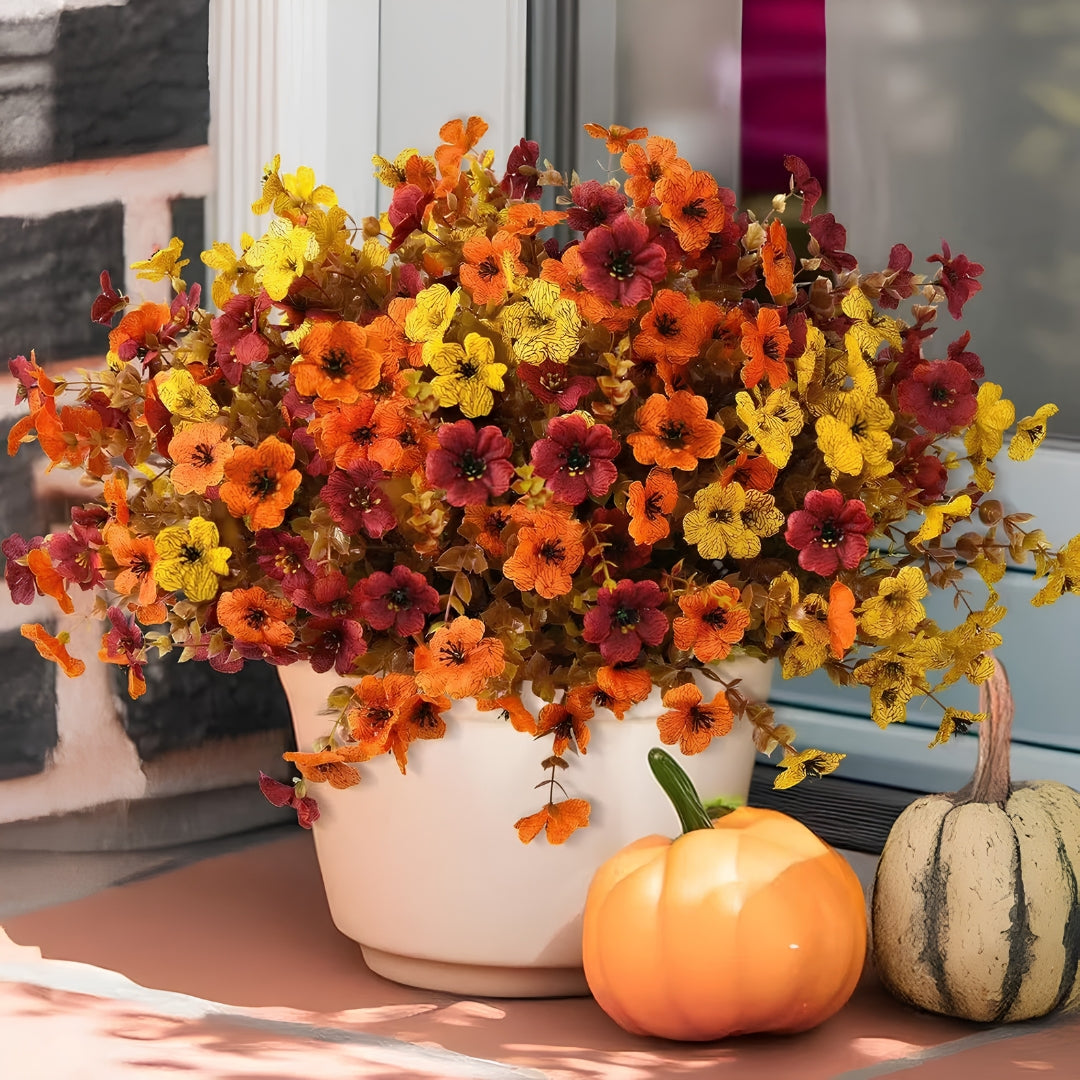 4Pcs Colorful Fall Fake Flowers - UV Resistant Artificial Outdoor Plants for Halloween Porch Decor