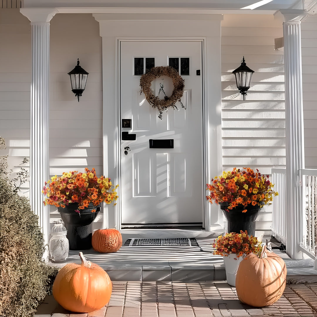 4Pcs Colorful Fall Fake Flowers - UV Resistant Artificial Outdoor Plants for Halloween Porch Decor